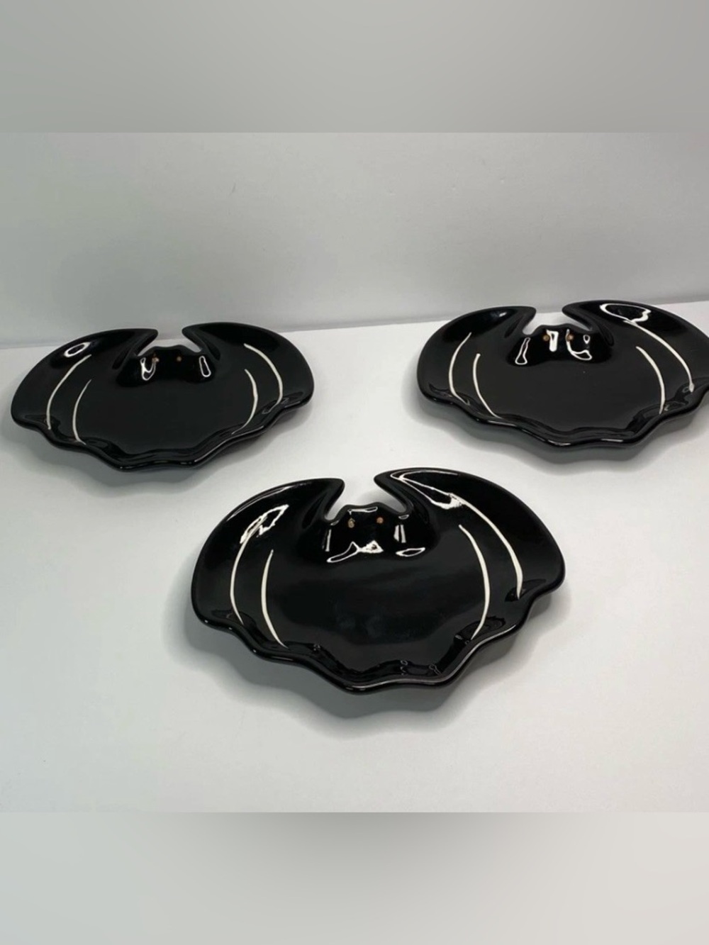 3x Hausenware Spooky Bat Ceramic Snack / Trinket Plates Black